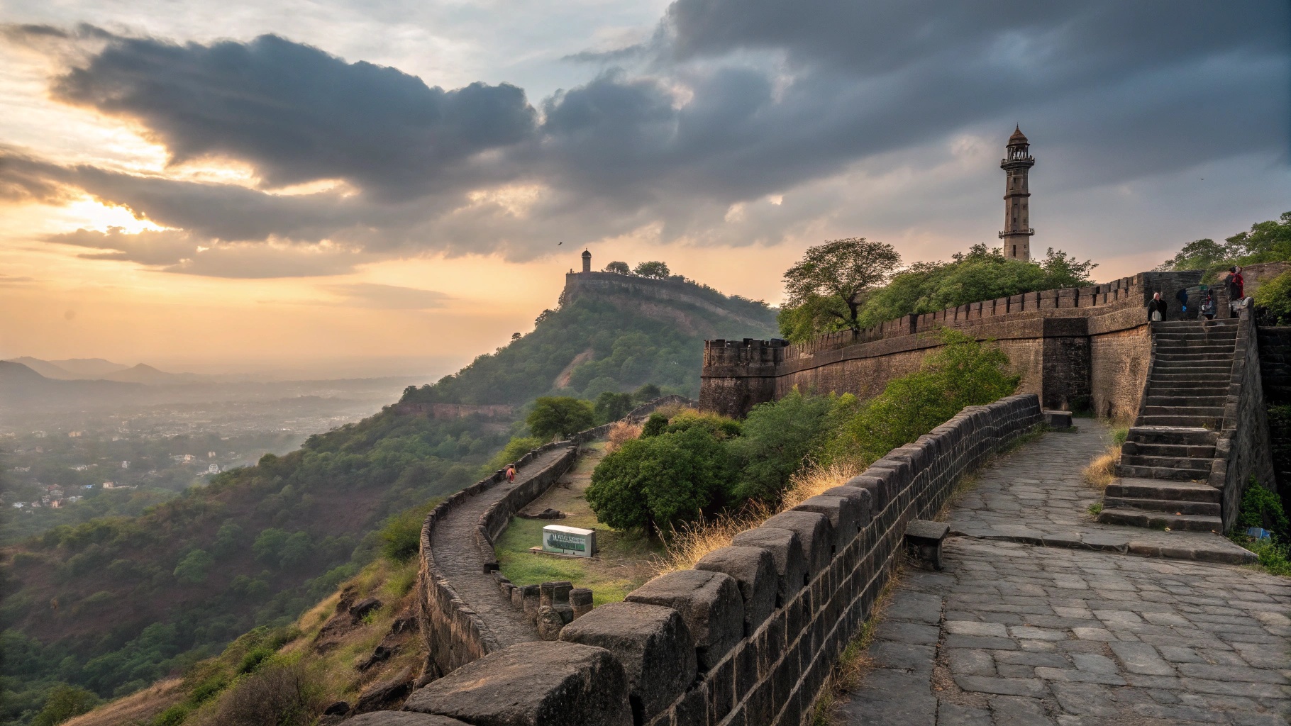 Daulatabad Fort bastions and ridge path in early morning light
