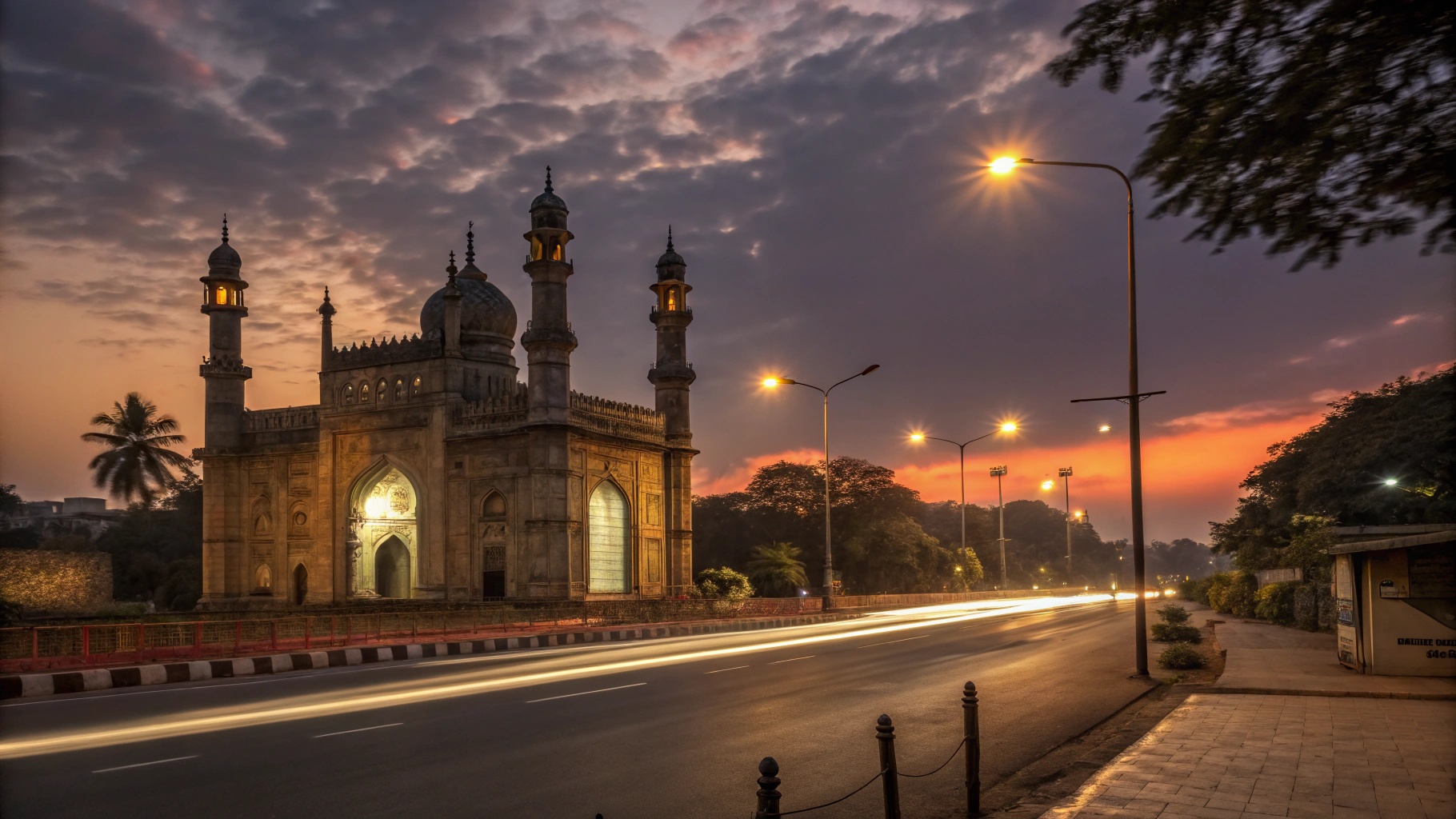 Historic city gate in Sambhajinagar at dusk with warm street lights