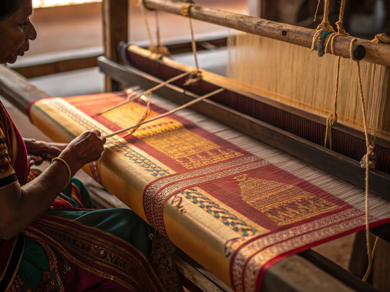Close-up of Paithani sari weaving on a traditional loom with silk threads and zari pattern